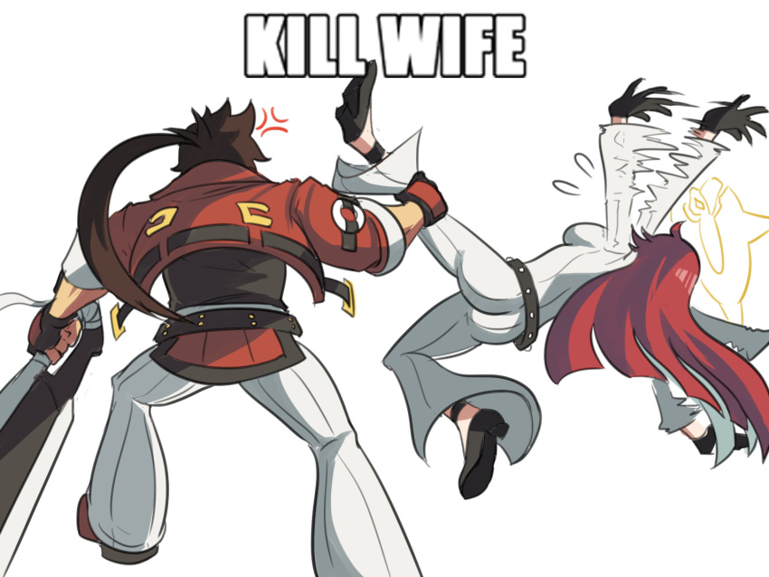 1boy 1girl anger_vein ass black_gloves bodysuit breasts brown_hair couple emphasis_lines fingerless_gloves gloves guilty_gear guilty_gear_strive halo headband highres husband_and_wife impact_(font) jack-o'_valentine leg_grab long_hair macro medium_breasts meme multicolored_hair muscular muscular_male ponytail red_eyes red_hair sideboob smile sol_badguy spiked_hair throwing tina_fate two-tone_hair white_hair