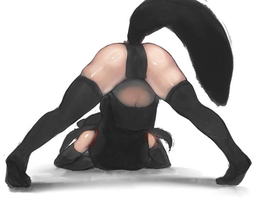 1girl animal_ears arm_rest ass aye-aye_(kemono_friends) bare_shoulders black_dress black_gloves black_hair black_legwear china_dress chinese_clothes dress elbow_gloves facing_away flexible from_behind full_body gloves hands_on_ground highres jack-o'_challenge kemono_friends lemur_ears lemur_tail long_hair meme navel pelvic_curtain pose shibori_kasu shiny shiny_skin sketch sleeveless sleeveless_dress solo spread_legs stomach stretch tail thighhighs tiptoes top-down_bottom-up twintails wide_spread_legs