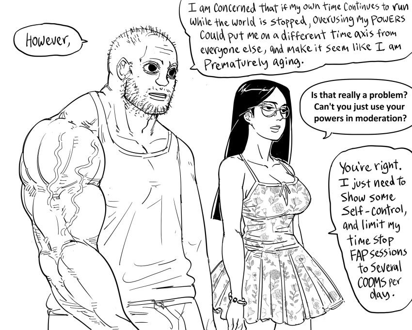1boy 1girl bb_(baalbuddy) breasts collarbone commentary coomer dress english_commentary english_text facing_away glasses greyscale highres long_hair monochrome muscular muscular_male original parted_lips simple_background speech_bubble tank_top veiny_arms white_background