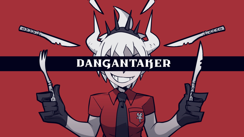 ahoge badge bangs bini_(xocolatl_501) black_gloves black_neckwear collarbone collared_shirt copyright_name cosplay crown danganronpa_(series) danganronpa_2:_goodbye_despair facing_viewer fork gloves grin helltaker highres hinata_hajime hinata_hajime_(awakened) holding holding_fork holding_knife horns knife lucifer_(helltaker) lucifer_(helltaker)_(cosplay) necktie parody red_shirt shirt short_hair smile solo teeth upper_body white_hair