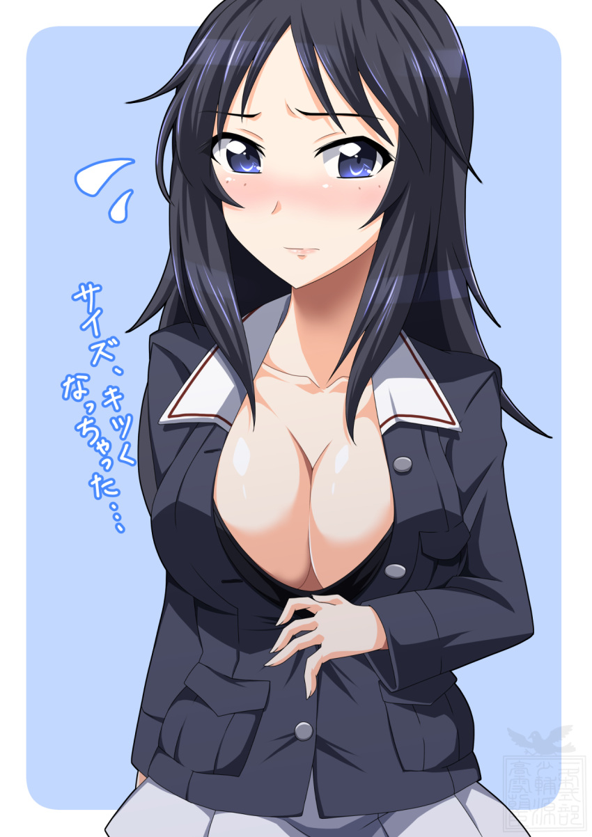 1girl arm_behind_back artist_logo bangs black_hair blue_background blue_eyes blue_jacket blush breasts cleavage closed_eyes commentary flying_sweatdrops freckles girls_und_panzer highres ichijou_takakiyo jacket large_breasts light_frown long_hair long_sleeves looking_at_viewer military military_uniform miniskirt ooarai_military_uniform outside_border partially_unbuttoned pleated_skirt rounded_corners skirt solo standing translated uniform white_skirt yamagou_ayumi