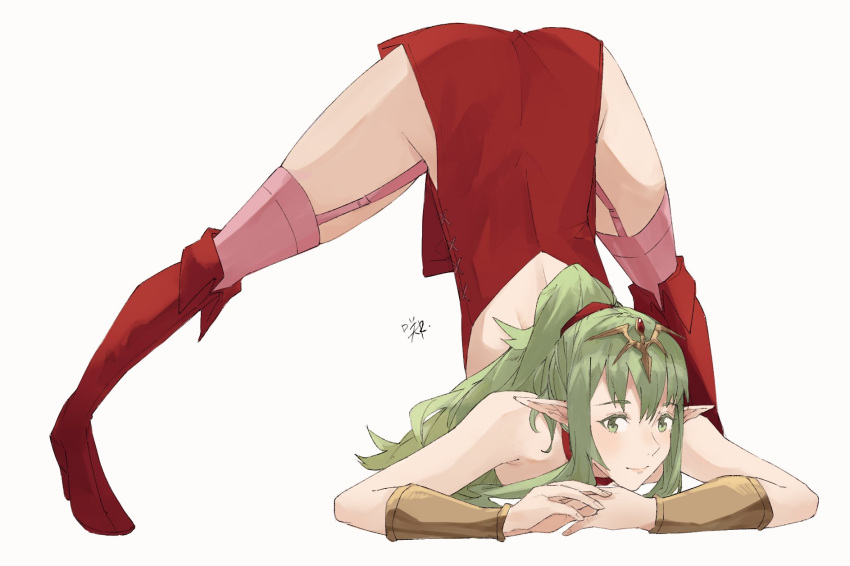 1girl armpit_crease back bare_arms bare_shoulders blush boots bracer commentary dress eyebrows_visible_through_hair fire_emblem fire_emblem_awakening fold-over_boots full_body garter_straps gloves green_eyes green_hair hair_ribbon highres jack-o'_challenge jewelry light_green_hair long_hair looking_at_viewer manakete meme pink_legwear pointy_ears ponytail red_dress red_footwear ribbon sakuremi short_dress side_slit sidelocks signature simple_background smile solo spread_legs strapless strapless_dress thigh_boots thighhighs thighs tiki_(fire_emblem) top-down_bottom-up