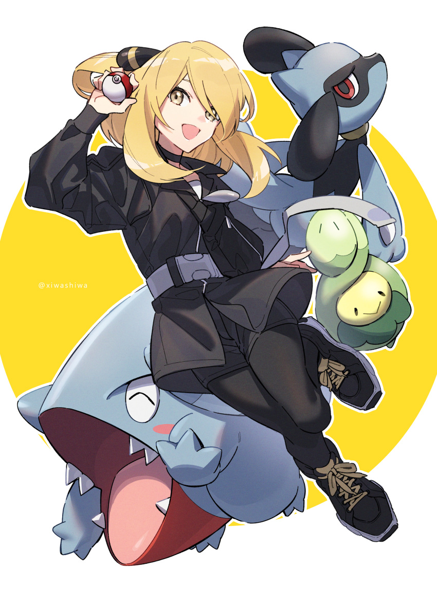 1girl absurdres bangs belt black_jacket black_legwear black_shorts blonde_hair budew cynthia_(pokemon) full_body gen_4_pokemon gible hair_ornament highres holding holding_poke_ball jacket legwear_under_shorts long_hair neck_ribbon open_mouth pantyhose poke_ball poke_ball_(basic) pokemon pokemon_(creature) pokemon_(game) pokemon_dppt ribbon riolu shoelaces shoes shorts simple_background smile sneakers tied_hair xia_(ryugo) younger