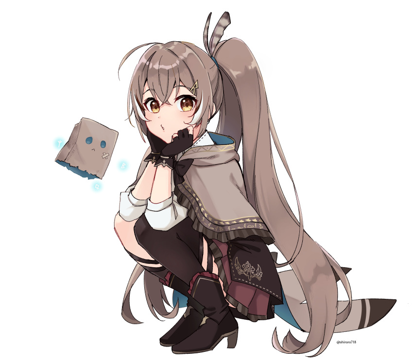1girl :o absurdres ankle_boots boots bow brown_bow brown_cloak brown_corset brown_eyes brown_footwear brown_gloves brown_hair brown_legwear cloak eyebrows_visible_through_hair friend_(nanashi_mumei) frilled_skirt frills gloves hair_ornament hairclip hands_on_own_face hieroglyphics highres hololive hololive_english hood hooded_cloak kneehighs long_hair looking_at_viewer multicolored_hair nanashi_mumei over-kneehighs partially_fingerless_gloves ponytail puffy_sleeves red_skirt runes shirt single_kneehigh single_sock skirt socks squatting streaked_hair thighhighs twitter_username very_long_hair virtual_youtuber white_shirt yumi_(koumotoyumi)