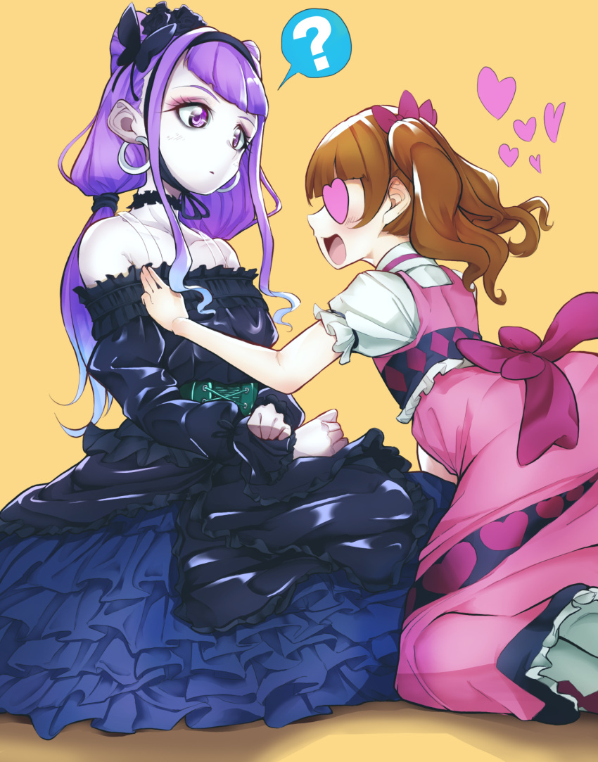 2girls aisaki_emiru alternate_costume bare_shoulders black_dress blush bow brown_hair butterfly_hair_ornament commentary_request dress earrings eyelashes frilled_dress frills gothic_lolita hair_bow hair_ornament hair_ribbon heart heart_eyes highres hugtto!_precure jewelry lolita_fashion long_hair looking_at_another multiple_girls open_mouth pink_dress precure purple_eyes purple_hair ribbon rikito1087 ruru_amour simple_background sitting twintails yellow_background