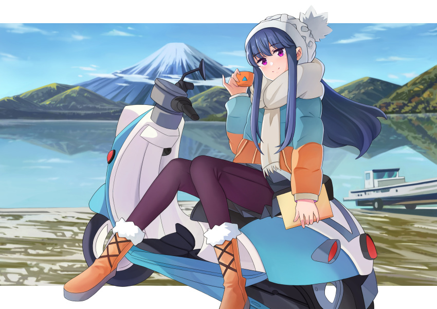 1girl absurdres bangs blue_hair boots border closed_mouth coat commentary_request cup day eyebrows_visible_through_hair fur-trimmed_boots fur_trim ground_vehicle hat highres holding holding_cup knit_hat lake leggings long_hair long_sleeves looking_at_viewer motor_vehicle mount_fuji mountainous_horizon outdoors outside_border pinky_out pleated_skirt purple_eyes scarf scooter shima_rin sidelocks sitting skirt smile solo wen_hao_lai white_border winter_clothes winter_coat yamaha yamaha_vino yurucamp