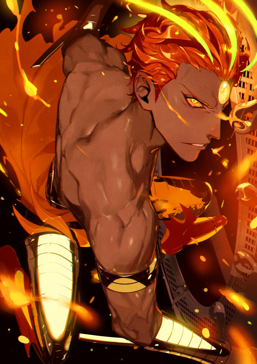 1boy absurdres ashwatthama_(fate) clenched_teeth colored_sclera dark-skinned_male dark_skin fate/grand_order fate_(series) fire forehead_jewel hair_slicked_back highres male_focus metal_boots orange_sclera red_hair semi_finalfight shirtless teeth yellow_eyes