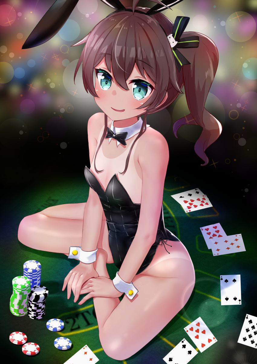 absurdres animal_ears bangs bare_legs black_leotard black_ribbon blackjack_table blush bow bowtie breasts brown_hair card cat_hair_ornament commentary detached_collar fake_animal_ears green_eyes hair_between_eyes hair_ornament hair_ribbon highres hololive leotard natsuiro_matsuri one-piece_tan ontake2009 open_mouth oversized_breast_cup playboy_bunny playing_card poker_chip rabbit_ears ribbon short_hair side_ponytail sitting sitting_on_table small_breasts smile strapless strapless_leotard tan tanlines virtual_youtuber wrist_cuffs