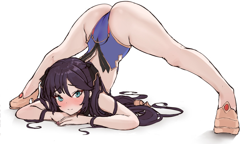 1girl absurdres arm_rest ass bangs black_hair blue_leotard blush breasts eyebrows_visible_through_hair flexible genshin_impact gloves gold_trim green_eyes hands_on_ground high_heels highleg highleg_leotard highres jack-o'_challenge leotard long_hair looking_at_viewer medium_breasts meme mona_(genshin_impact) oxenia pose solo spread_legs stretch top-down_bottom-up twintails wide_spread_legs