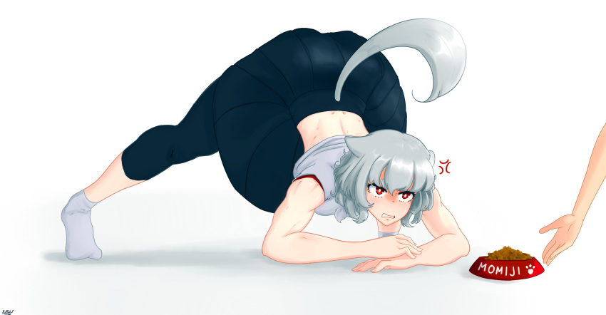 1girl absurdres alternate_costume anger_vein angry animal_ears back bowl clothes_lift grey_hair highres inubashiri_momiji jack-o'_challenge leggings long_skirt muscular muscular_female pet_bowl ramnik5 red_eyes shirt_lift short_hair simple_background skirt tail touhou white_background wolf_ears wolf_girl