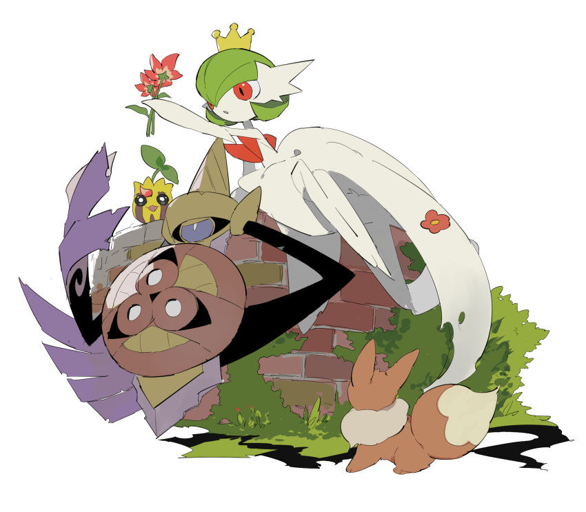 1girl :3 aegislash annoyed apios1 arm_up bangs bare_shoulders black_sclera bob_cut brick_wall bright_pupils bush colored_sclera colored_skin commentary crown day dress eevee elbow_gloves flat_chest floating flower from_behind full_body gardevoir gen_1_pokemon gen_2_pokemon gen_3_pokemon gen_6_pokemon gloves grass green_hair half-closed_eyes happy highres holding holding_flower leaf legs_together looking_at_another looking_down mega_gardevoir mega_pokemon moss on_wall one-eyed open_mouth outdoors outstretched_arm parted_lips petals pokemon pokemon_(creature) purple_eyes red_eyes red_flower shield short_hair sitting sketch smile strapless strapless_dress sunkern sword weapon white_dress white_gloves white_pupils white_skin yellow_headwear yokozuwari