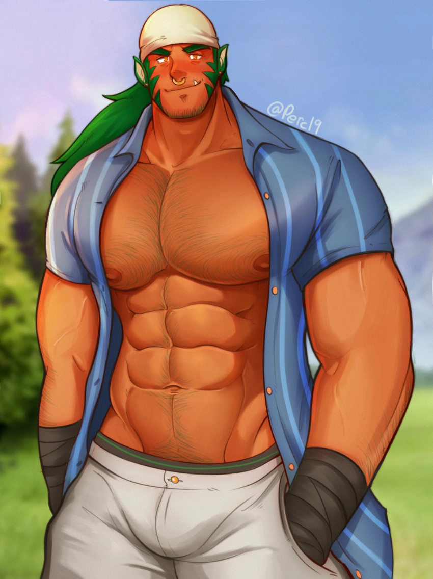1boy abs alternate_pectoral_size animal_ears arm_hair bara bare_pectorals beard blue_shirt blush bulge casual cat_boy cat_ears chest_hair cowboy_shot dark-skinned_male dark_skin facial_hair fang fire_emblem fire_emblem:_path_of_radiance green_hair groin hairy highres joonbean large_pectorals long_hair male_focus mature_male muarim_(fire_emblem) muscular muscular_male navel navel_hair nipples nose_piercing nose_ring open_clothes open_shirt pants pectorals piercing shirt sideburns smile solo stomach stubble thick_eyebrows thick_thighs thighs white_pants