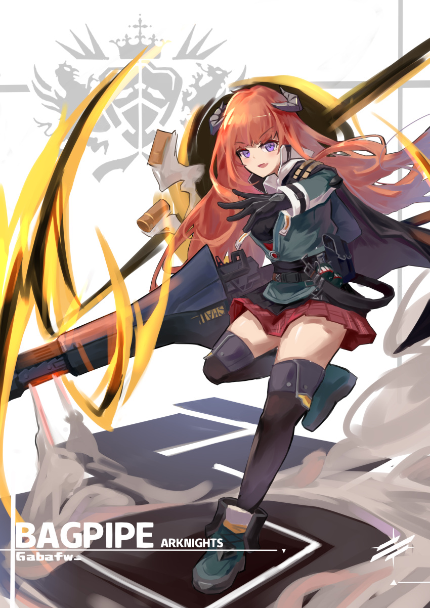 1girl :d absurdres arknights bagpipe_(arknights) bangs black_gloves black_legwear fang full_body gabafw gloves green_footwear green_jacket hair_between_eyes highres holding holding_lance holding_polearm holding_weapon horns jacket lance long_hair long_sleeves looking_at_viewer open_mouth orange_hair polearm purple_eyes red_skirt shell_casing shoes skirt smile smoke solo standing standing_on_one_leg thighhighs v-shaped_eyebrows weapon white_background