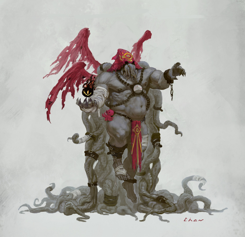 1boy abs avatar_(wow) bare_pectorals character_request chens_art chest_harness cthulhu_mythos faux_traditional_media full_body harness highres hood_over_eyes large_pectorals male_focus monster_boy muscular muscular_male navel nipples original parody pectorals pelvic_curtain revealing_clothes solo stomach tentacle_clothes tentacles warcraft wings world_of_warcraft