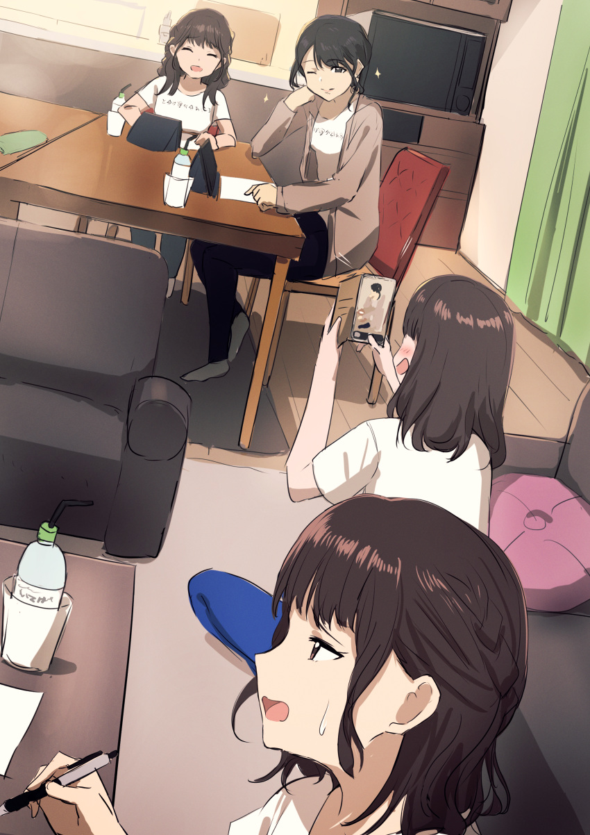 4girls :d ;) ^_^ absurdres bangs bendy_straw black_hair black_pants blue_pants blush bottle brown_hair brown_jacket cellphone closed_eyes closed_mouth couch curtains drinking_straw eyebrows_visible_through_hair highres holding holding_phone huge_filesize idolmaster idolmaster_shiny_colors indoors izumi_fuuka jacket misaki_nonaka multiple_girls no_shoes on_chair one_eye_closed open_clothes open_jacket open_mouth pants phone shirt sitting smile socks sparkle suzumoto_akiho table voice_actor white_legwear white_shirt wooden_floor yamaki_anna yukimura_eri