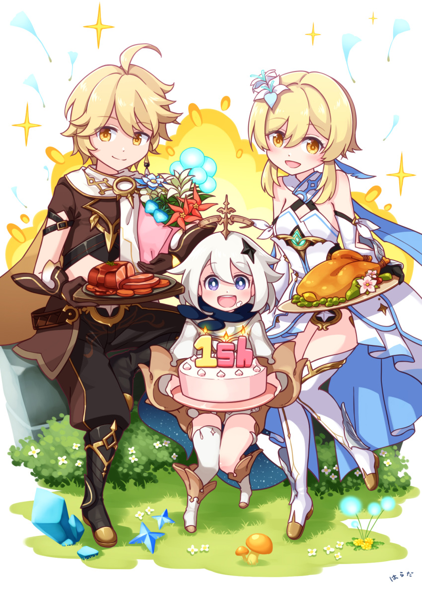 1boy 2girls :d aether_(genshin_impact) ahoge bangs bare_shoulders black_footwear black_gloves black_pants blonde_hair blue_flower blush boots bouquet breasts brother_and_sister brown_eyes brown_shirt bush cake closed_mouth commentary_request crystal dress explosion eyebrows_visible_through_hair flower food food_on_face genshin_impact gloves grey_hair hair_between_eyes hair_flower hair_ornament highres holding holding_plate knee_boots long_hair long_sleeves lumine_(genshin_impact) multiple_girls mushroom open_mouth paimon_(genshin_impact) pants plate purple_eyes red_flower sansei_rain shirt short_sleeves siblings single_thighhigh small_breasts smile sparkle thigh_boots thighhighs thighhighs_under_boots turkey_(food) white_dress white_flower white_legwear yellow_flower