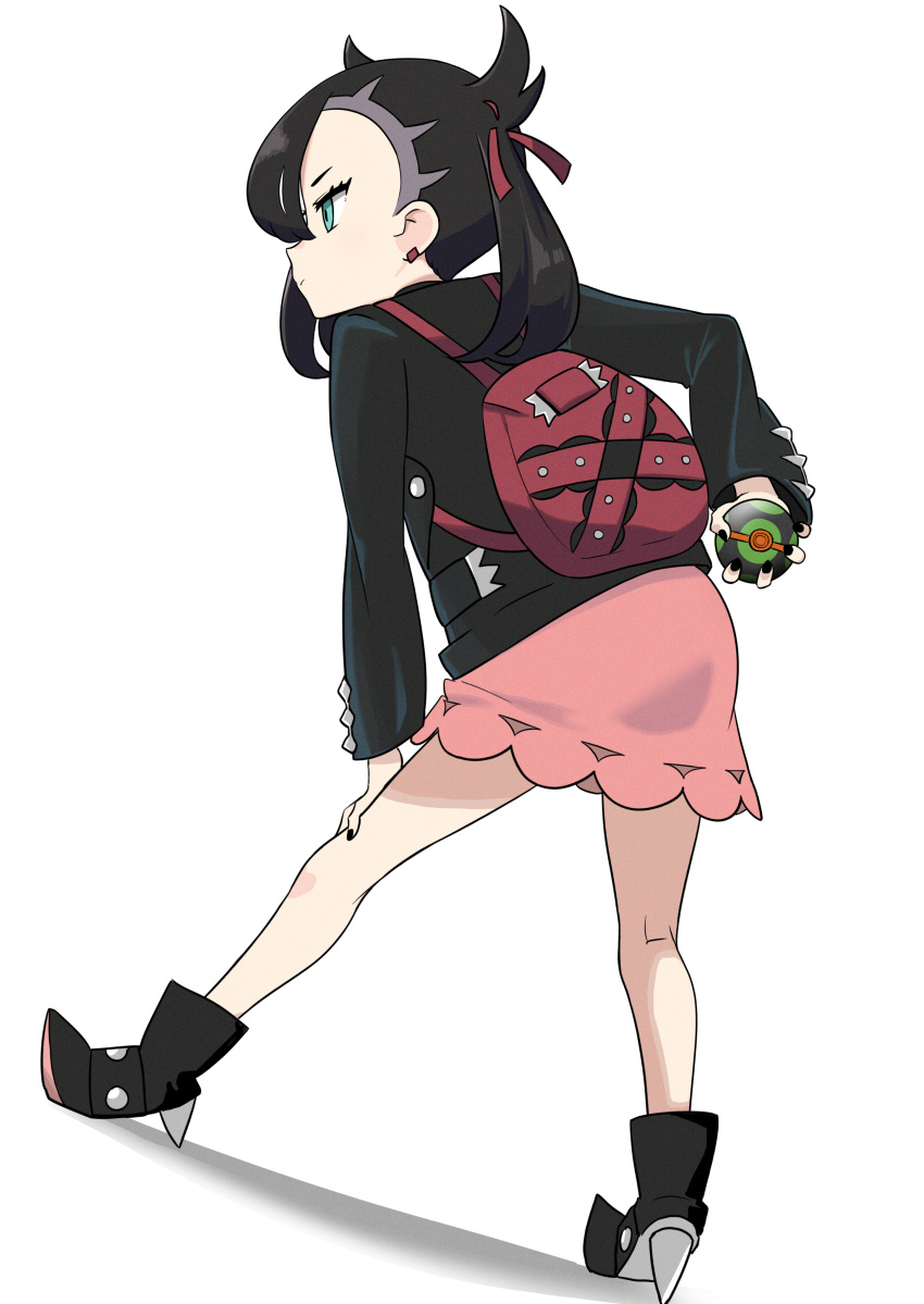 1girl absurdres ankle_boots asymmetrical_bangs backpack bag bangs black_footwear black_hair black_jacket boots closed_eyes commentary dress dusk_ball earrings frown green_eyes hair_ribbon hand_on_own_knee highres holding holding_poke_ball jacket jewelry leaning_forward marnie_(pokemon) medium_hair noeru_(yuiitsu_tarashimeru) pink_dress pointy_footwear poke_ball pokemon pokemon_(game) pokemon_swsh red_ribbon ribbon short_dress simple_background solo standing undercut white_background