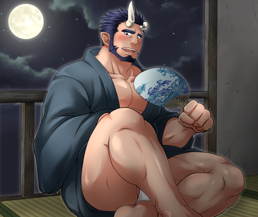 1boy alternate_costume bara beard black_hair black_kimono blush broken_horn bulge convenient_leg demon_boy demon_horns facial_hair fangs full_moon fundoshi hand_fan holding holding_fan horns japanese_clothes kimono live_a_hero looking_at_viewer male_cleavage male_focus male_underwear mature_male moon muscular muscular_male nessen_(live_a_hero) night night_sky pectorals short_hair sky solo sunfight0201 thick_eyebrows thick_thighs thighs underwear white_male_underwear