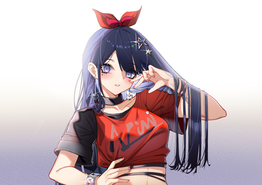 1girl a-soul absurdres akinatsu_meguru bangs bella_(a-soul) black_collar black_hair black_shirt blush bow bracelet breasts collar commentary_request crop_top earrings eyebrows_visible_through_hair eyes_visible_through_hair hair_bow hair_ornament hand_on_hip hand_up heart heart_earrings highres jewelry long_hair looking_at_viewer medium_breasts midriff mole mole_under_eye nail_polish parted_lips pink_nails purple_eyes red_bow red_shirt shirt single_sleeve solo star_(symbol) star_hair_ornament upper_body
