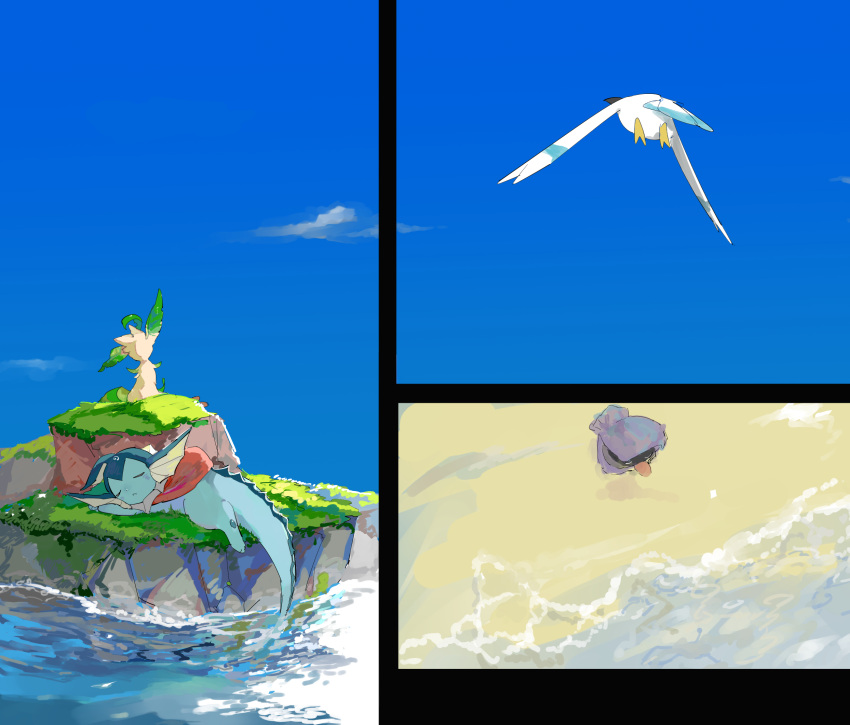 :&lt; animal_focus apios1 bag bird black_border blue_sky blush border closed_eyes closed_mouth cloud commentary day flying from_above from_behind full_body gen_1_pokemon gen_3_pokemon gen_4_pokemon grass highres island leafeon lying no_humans ocean on_side outdoors pawpads pokemon pokemon_(creature) sand shell shellder sitting sky sleeping tongue tongue_out vaporeon water water_drop wingull