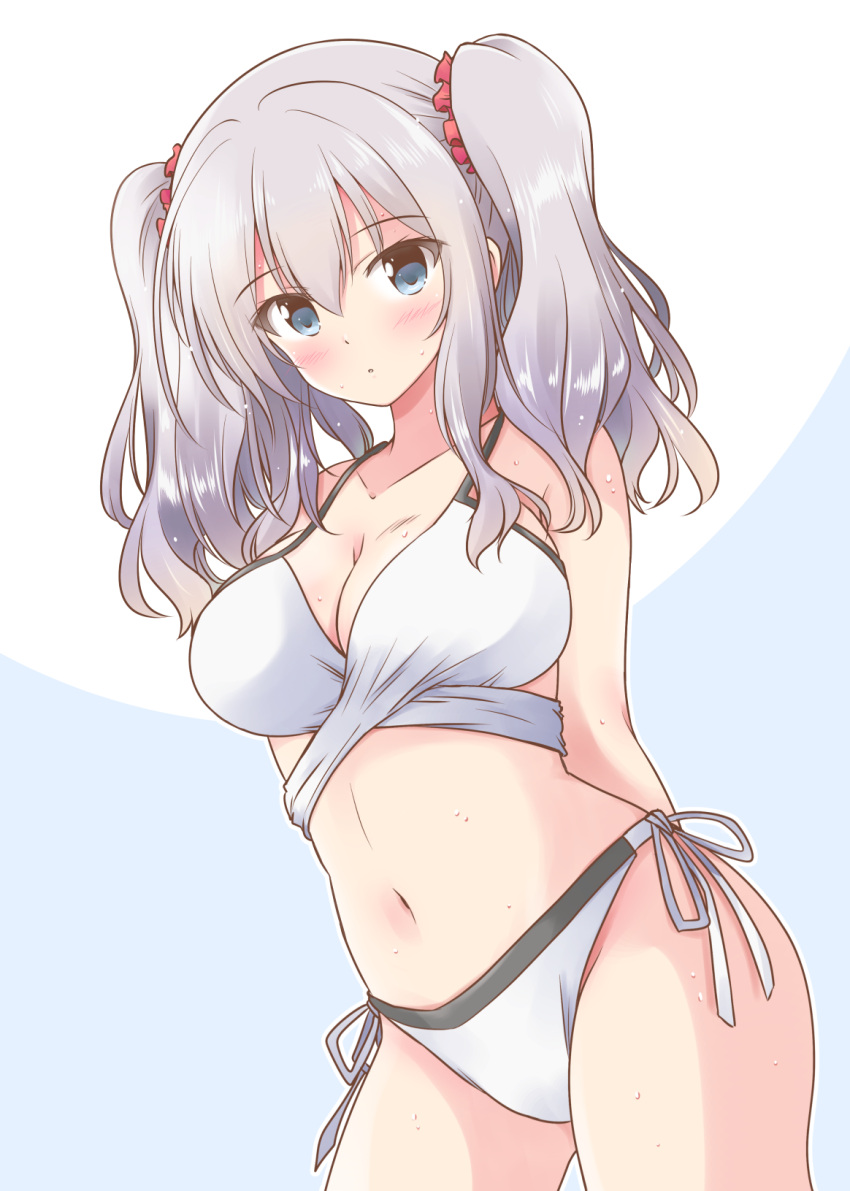 1girl arms_behind_back bikini blue_eyes breasts cleavage contrapposto cowboy_shot highres icesherbet kantai_collection kashima_(kancolle) large_breasts looking_at_viewer side-tie_bikini sidelocks silver_hair solo swimsuit twintails wavy_hair white_bikini