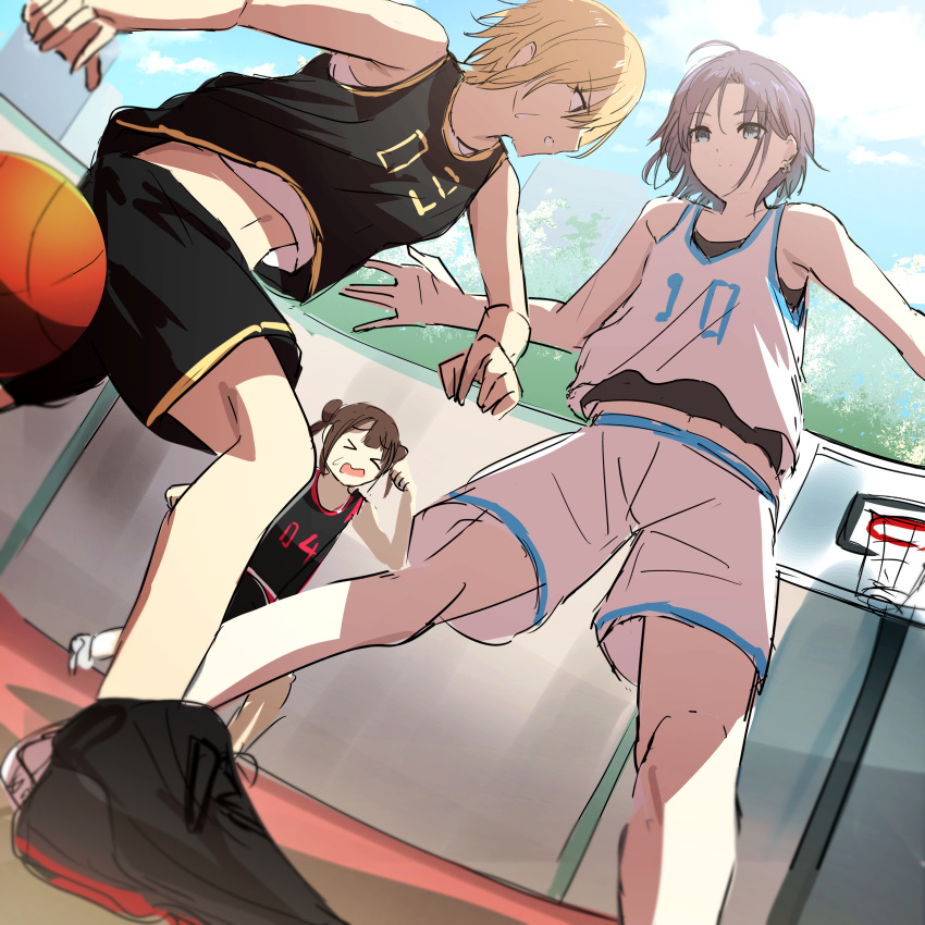 &gt;_&lt; 3girls absurdres ahoge asakura_tooru bare_arms bare_shoulders basketball basketball_hoop basketball_uniform black_footwear black_shorts black_tank_top blonde_hair blue_eyes brown_hair clenched_teeth closed_eyes closed_mouth day double_bun earrings highres idolmaster idolmaster_shiny_colors jewelry misaki_nonaka multiple_girls navel open_mouth outdoors profile saijou_juri shoes short_hair shorts sketch sonoda_chiyoko sportswear standing sweat tank_top teeth twintails wavy_mouth white_footwear white_shorts white_tank_top