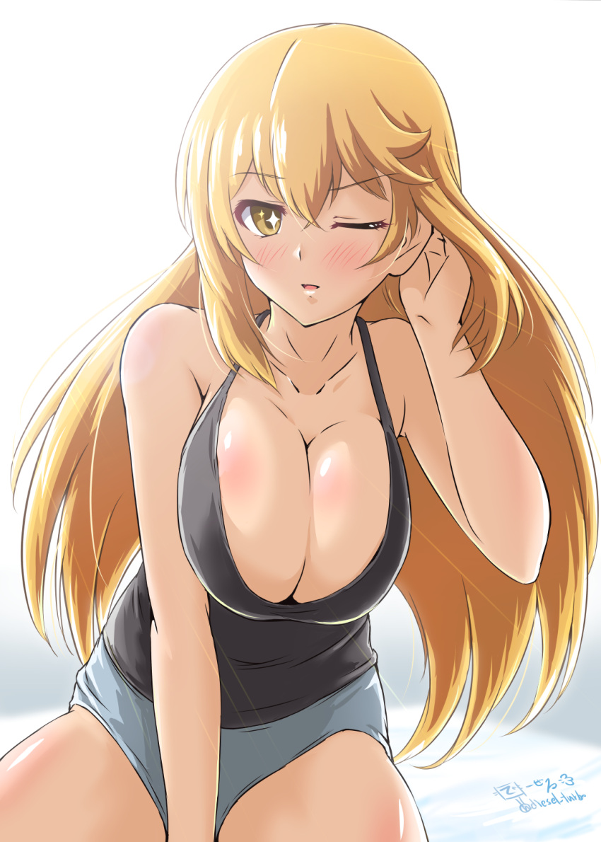 +_+ 1girl alternate_costume black_tank_top blonde_hair breasts casual cleavage commentary_request diesel-turbo grey_shorts highres kneeling large_breasts long_hair looking_at_viewer parted_lips shokuhou_misaki short_shorts shorts simple_background solo tank_top toaru_kagaku_no_railgun toaru_majutsu_no_index white_background