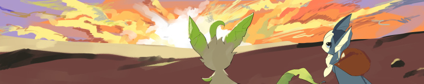 animal_focus apios1 backlighting bag black_eyes blank_eyes cloud commentary desert from_behind from_side gen_1_pokemon gen_4_pokemon gradient_sky highres horizon leafeon long_image no_humans orange_sky outdoors pokemon pokemon_(creature) profile sketch sky sun sunrise upper_body vaporeon wide_image