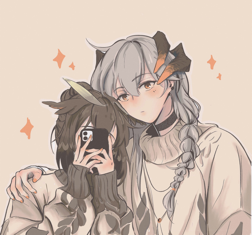 2girls ajiajia1104 alternate_hairstyle arknights black_choker braid brown_background brown_hair brown_sweater cellphone choker closed_mouth commentary_request dragon_horns ear_clip eyebrows_visible_through_hair feather_hair hair_bun hair_over_shoulder hand_on_another's_shoulder highres holding holding_phone horns long_hair long_sleeves looking_at_viewer medium_hair multiple_girls orange_eyes orange_nails phone saria_(arknights) silence_(arknights) silver_hair simple_background single_braid sleeves_past_wrists smartphone sparkle sweater taking_picture upper_body