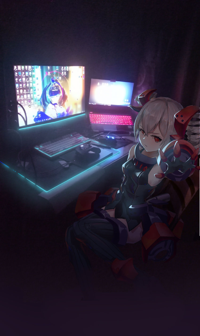 1girl bangs bare_shoulders black_footwear black_gloves black_leotard boots breasts bronya_zaychik bronya_zaychik_(black_nucleus) chair computer curtains dark drill_hair gaming_chair gao_guangyue gauntlets gloves grey_hair hair_between_eyes highres honkai_(series) honkai_impact_3rd indoors keyboard_(computer) laptop leotard looking_at_viewer monitor mouse_(computer) outstretched_arm pale_skin playstation_controller raiden_mei raiden_mei_(striker_fulminata) red_eyes sitting small_breasts solo stylus thigh_boots thighhighs twin_drills v-shaped_eyebrows