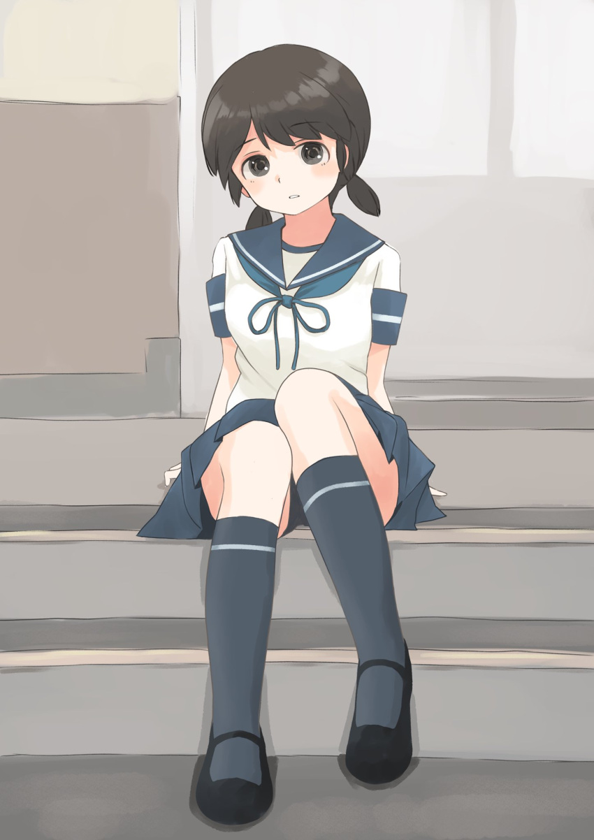 1girl bangs black_eyes black_footwear black_hair black_legwear blue_neckwear blue_sailor_collar blue_skirt collared_shirt highres kantai_collection kneehighs low_twintails neck_ribbon neckerchief parted_bangs pleated_skirt ribbon sailor_collar school_uniform serafuku shirayuki_(kancolle) shirt short_twintails skirt solo stairs toplow twintails