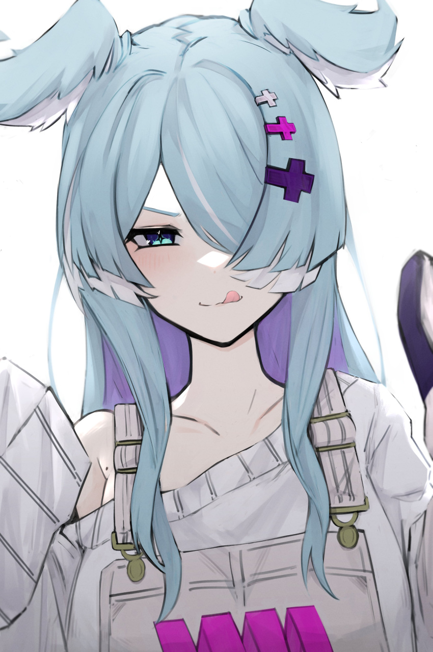 1girl absurdres bangs blue_eyes blue_hair blush collarbone daiishori elira_pendora gloves grey_gloves grey_overalls hair_over_one_eye head_wings highres licking_lips looking_at_viewer mole nijisanji nijisanji_en off_shoulder single_glove sleeves_past_fingers sleeves_past_wrists smile smug solo sweater tongue tongue_out virtual_youtuber white_sweater