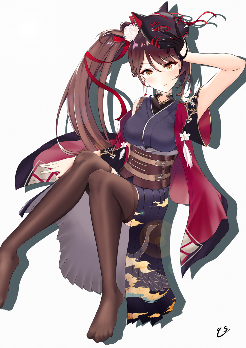 1girl absurdres animal_print azur_lane belt bird bird_print black_kimono breasts brown_hair corset crane_(animal) fox_mask gloves half_gloves high_ponytail highres holding holding_mask japanese_clothes kimono large_breasts long_hair looking_at_viewer mask mask_removed multiple_belts official_alternate_costume qingshanmoying sitting very_long_hair yellow_eyes zuikaku_(azur_lane) zuikaku_(festive_crane)_(azur_lane)