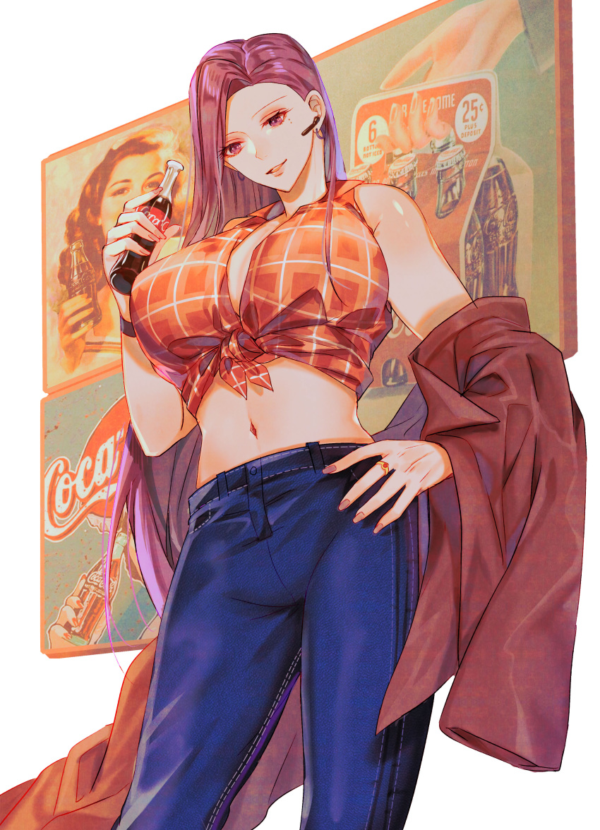 1girl absurdres ad airpods bare_shoulders black_survival blue_pants bottle breasts cleavage coca-cola commentary contrapposto crop_top denim earrings english_commentary feet_out_of_frame front-tie_top gevjon glass_bottle hand_on_hip highres holding holding_bottle huge_breasts jeans jewelry large_breasts laura_(black_survival) long_hair looking_at_viewer midriff mole mole_under_eye navel off_shoulder orange_shirt pants parted_lips plaid plaid_shirt purple_eyes purple_hair ring shiny shiny_skin shirt soda_bottle standing stomach tied_shirt very_long_hair