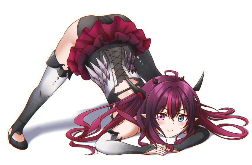 1girl bangs black_panties blue_eyes detached_sleeves english_commentary eyebrows_visible_through_hair hair_behind_ear heterochromia highres hololive hololive_english horns irys_(hololive) jack-o'_challenge jan_azure long_hair looking_at_viewer panties pointy_ears purple_eyes purple_hair purple_skirt single_legging single_thighhigh skirt smile solo thighhighs top-down_bottom-up underwear v-shaped_eyebrows virtual_youtuber white_background