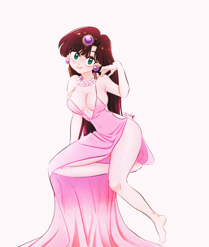 1girl bare_shoulders breasts brown_hair cleavage covered_navel dress earrings green_eyes hair_ornament highres jewelry kme kuonji_ukyou large_breasts necklace pink_dress ranma_1/2 side_slit solo