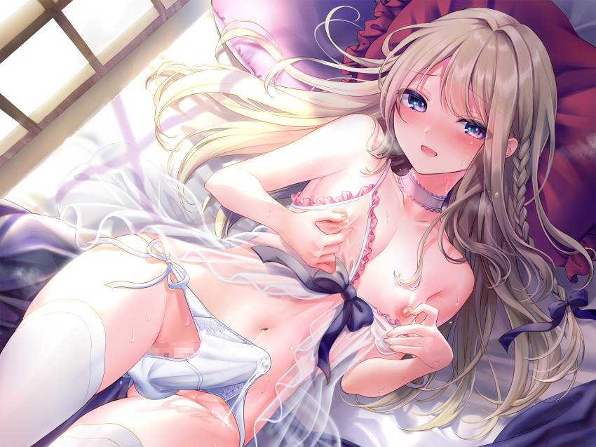 all_male bed blush braids brown_hair censored cum lingerie long_hair male navel nipples original panties penis purple_eyes see_through tagme_(artist) thighhighs trap underwear