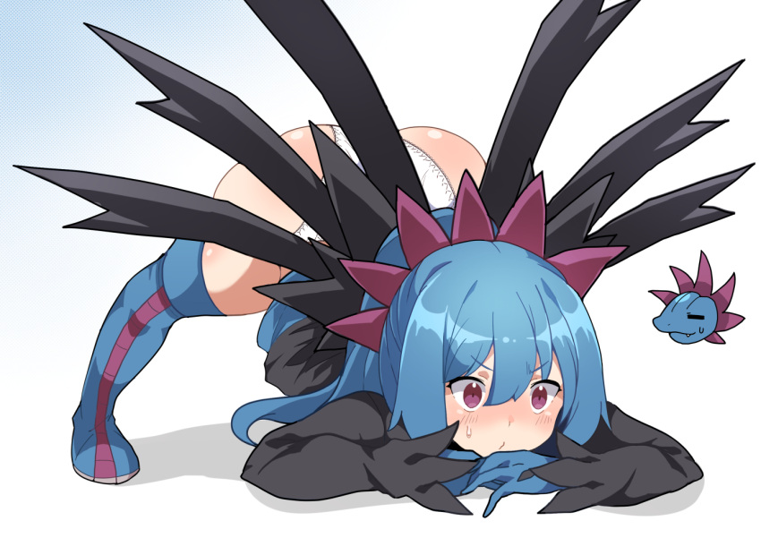 1girl bangs blue_footwear blue_gloves blue_hair blue_skirt blush boots chibi chibi_inset closed_mouth clothes_lift commentary_request gen_5_pokemon gloves hair_between_eyes hair_ornament hydreigon jack-o'_challenge long_hair maks_(makusu_210) panties personification pokemon purple_eyes shiny shiny_hair shiny_skin skirt skirt_lift sweatdrop thigh_boots thighhighs underwear white_panties