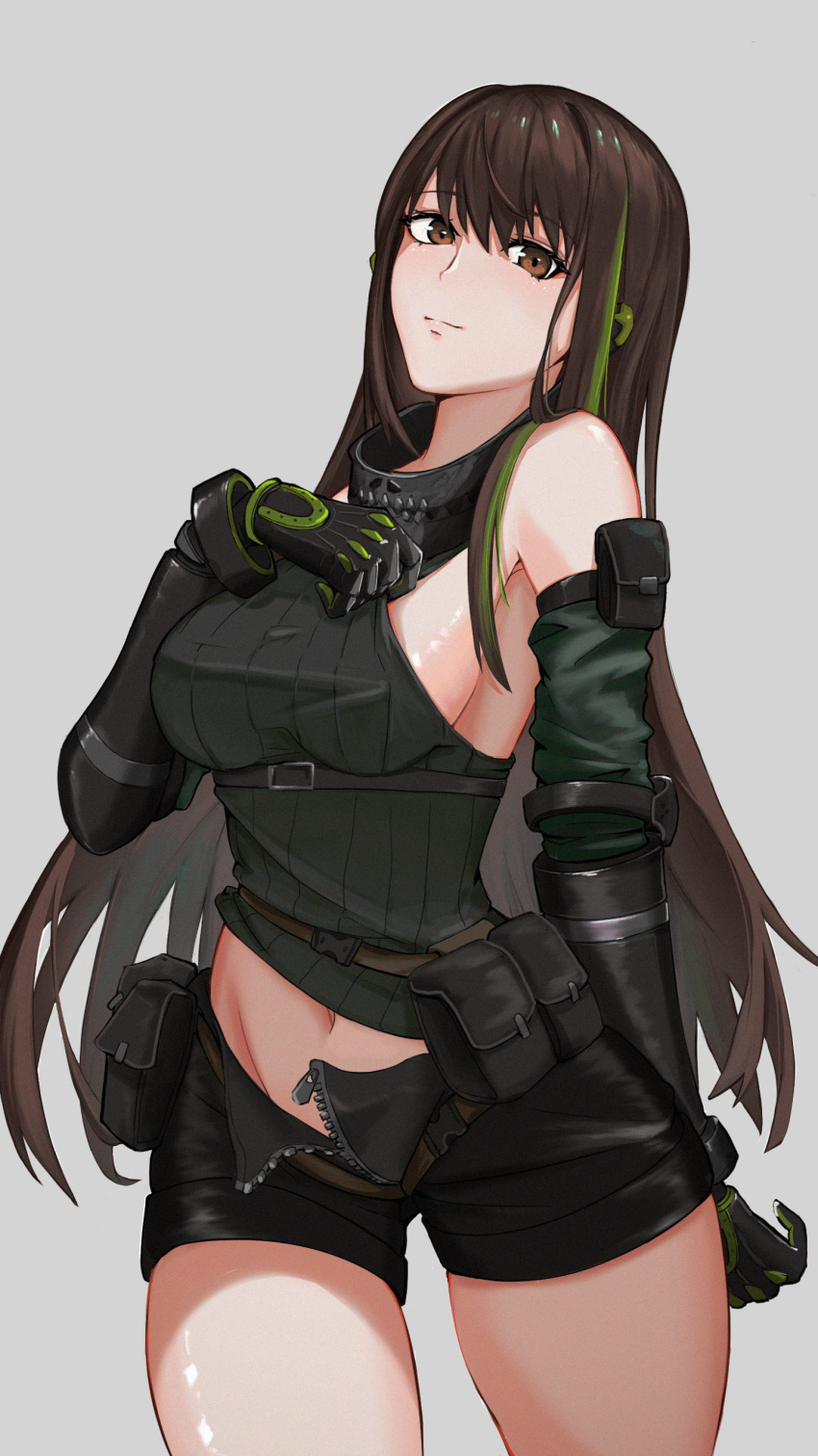 1girl absurdres black_gloves black_shorts breasts brown_eyes brown_hair closed_mouth eyebrows_visible_through_hair feet_out_of_frame girls'_frontline gloves green_shirt grey_background hand_on_back hand_on_breast highres long_hair looking_at_viewer m4a1_(girls'_frontline) medium_breasts mo_geng multicolored_hair navel open_clothes open_shorts shirt shorts solo standing