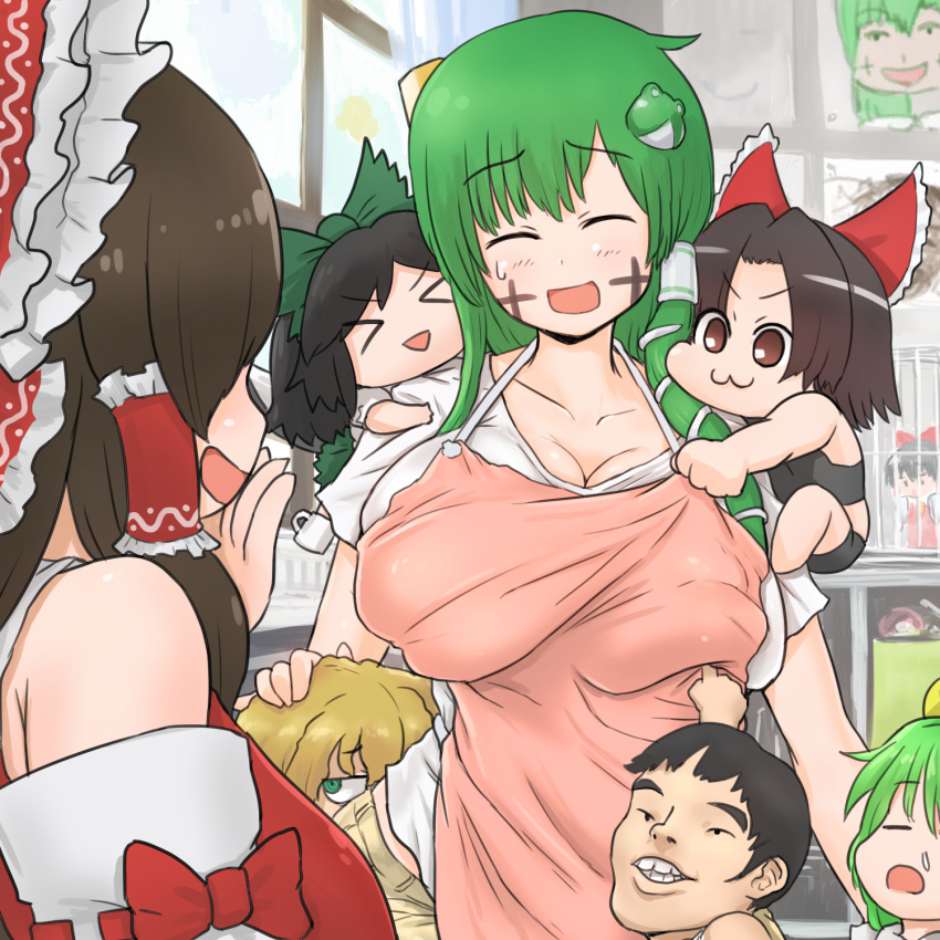 &gt;_&lt; 6+girls :3 :d apron bangs benikurage_(cookie) black_hair black_shirt black_shorts blonde_hair bow breasts brown_eyes brown_hair cage child cleavage closed_eyes closed_mouth commentary_request cookie_(touhou) cross cup daiyousei detached_sleeves diyusi_(cookie) eyebrows_visible_through_hair facepaint frilled_bow frilled_hair_tubes frills frog_hair_ornament green_bow green_eyes green_hair green_skirt hair_between_eyes hair_bow hair_ornament hair_tubes hakurei_reimu hide_(acceed) highres indoors kanna_(cookie) kirisame_marisa kochiya_sanae large_breasts long_hair looking_at_another manatsu_no_yo_no_inmu mars_(cookie) medium_hair mug multiple_girls nadeko_(cookie) open_mouth otemoto_(baaaaloooo) paseri_(cookie) pink_apron red_bow red_shirt reiuji_utsuho sakenomi_(cookie) shirt short_hair shorts skirt sleeve_bow sleeveless sleeveless_shirt smile snake_hair_ornament touhou upper_body white_shirt window yellow_bow younger