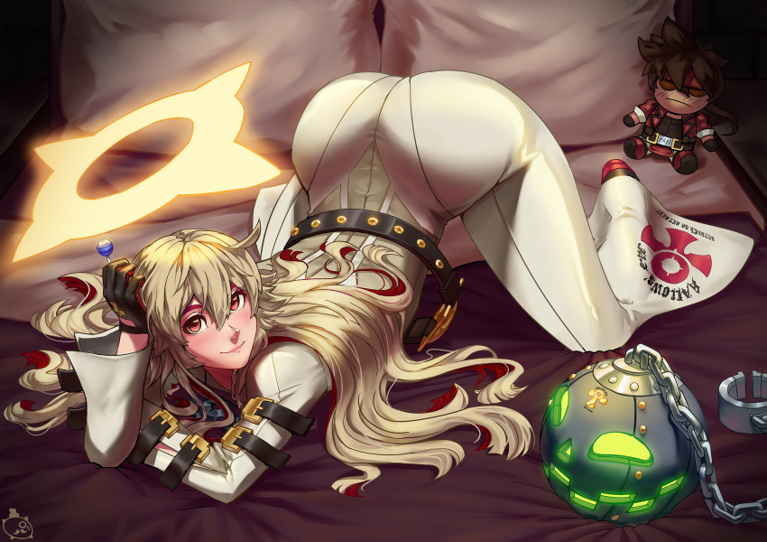 1girl bangs bed bed_sheet belt bodysuit candy chain closed_mouth commentary food full_body gloves guilty_gear guilty_gear_xrd halo highres holding holding_food jack-o'_valentine lips lollipop long_hair looking_at_viewer mcc-cookie multicolored_hair pillow red_eyes red_hair shiny shiny_clothes simple_background skin_tight smile sol_badguy solo stuffed_toy thick_eyebrows two-tone_hair white_bodysuit white_hair
