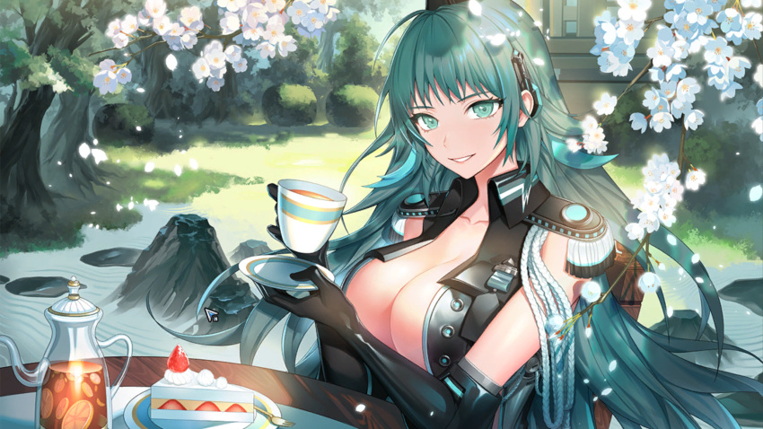 1girl action_taimanin branch breasts bush cleavage collarbone collared_shirt cup elbow_gloves eyebrows_visible_through_hair food fork game_cg garden gloves grass green_eyes green_hair highres iced_tea large_breasts long_hair looking_at_viewer lydia_barreta_(taimanin) plate sand saucer shirt smile source_request stone strawberry_shortcake taimanin_(series) teacup teapot tree