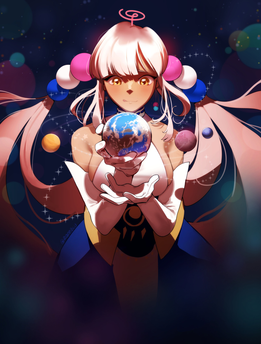 1girl :q bangs bare_shoulders blunt_bangs dark-skinned_female dark_skin earth_(planet) elbow_gloves giant giantess gloves highres hololive hololive_english licking_lips long_hair low_twintails mars_(planet) mercury_(planet) planet planet_hair_ornament raneblu solo space tongue tongue_out tsukumo_sana twintails venus_(planet) very_long_hair virtual_youtuber yellow_eyes