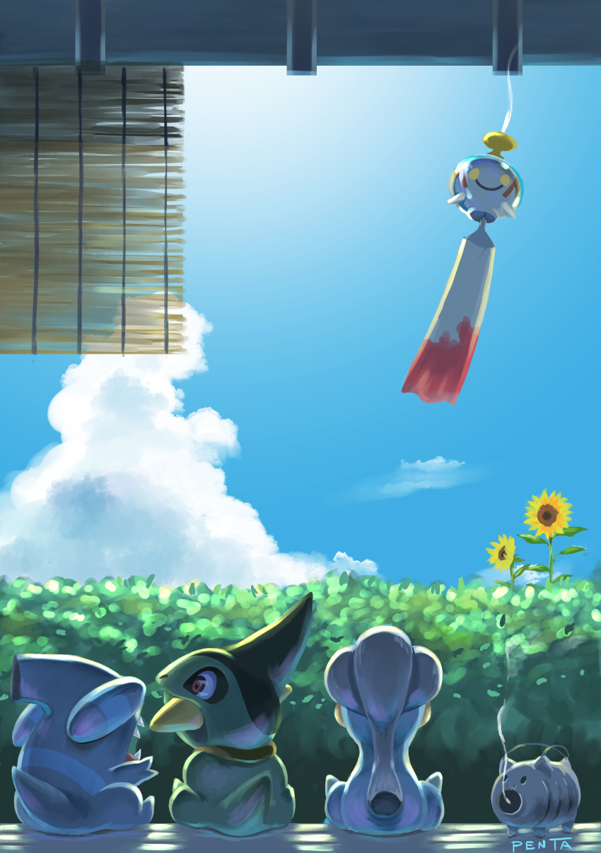 absurdres axew bagon chimecho cloud commentary_request day flower gen_3_pokemon gen_4_pokemon gen_5_pokemon gible highres no_humans outdoors penta_oekaki pokemon pokemon_(creature) sitting sky sunflower