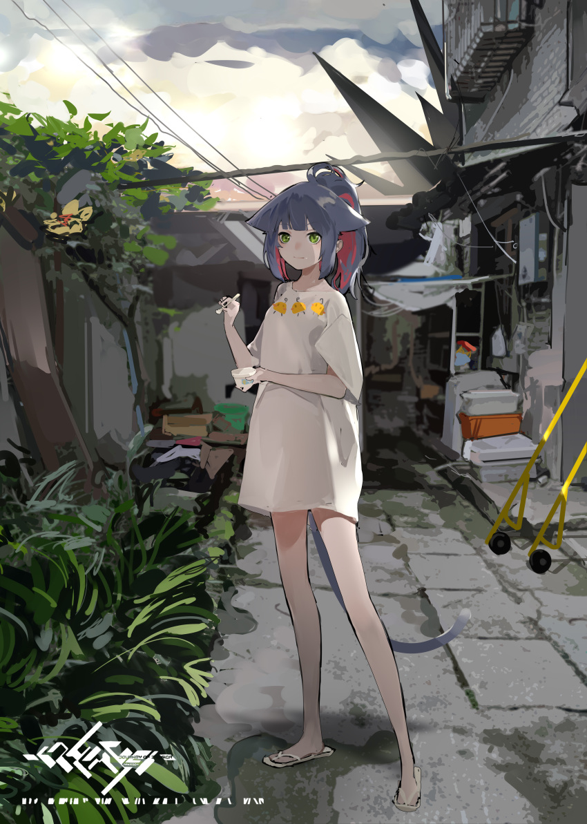 1girl absurdres animal_ears arknights bare_legs blue_hair building bush cat_ears cat_girl cat_tail closed_mouth cloud cloudy_sky colored_inner_hair commentary_request day full_body green_eyes hand_up highres holding holding_spoon jessica_(arknights) light_smile looking_at_viewer multicolored_hair originium_(arknights) outdoors ponytail red_hair sandals shinnasuka025 shirt short_sleeves sky solo spoon standing tail white_shirt