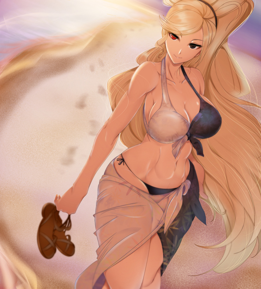1girl absurdres backlighting bangs beach bikini black_eyes blonde_hair breasts cleavage curvy eyelashes feet_out_of_frame footprints front-tie_bikini front-tie_top gaien_(jin_morisono) heterochromia highres hilda_(under_night_in-birth) holding holding_shoes large_breasts light_smile long_hair multicolored multicolored_bikini multicolored_clothes navel ocean ponytail red_eyes sandals sarong shoes side-tie_bikini solo sunset swept_bangs swimsuit under_night_in-birth very_long_hair walking