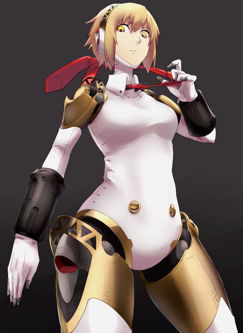 1girl absurdres aegis_(persona) android blonde_hair breasts closed_mouth highres joints looking_at_viewer necktie persona persona_3 rdc7229 robot_joints short_hair simple_background solo yellow_eyes