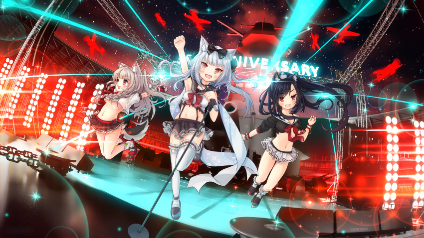 3girls absurdres animal_ear_fluff animal_ears arm_up azur_lane belt black_footwear black_hair black_skirt breasts cat_ears comodomodo cropped_shirt eyebrows_visible_through_hair fang fox_ears frilled_legwear frilled_skirt frills grey_hair highres holding holding_microphone jumping layered_skirt long_hair microphone microphone_stand microskirt midriff miniskirt multiple_girls open_mouth orange_eyes paw_pose pleated_skirt red_belt red_eyes red_footwear red_ribbon ribbon shigure_(azur_lane) shirt shoes skin_fang skirt small_breasts socks stage stage_lights tail thighhighs underboob white_hair white_legwear white_shirt white_skirt wolf_tail yukikaze_(azur_lane) yuudachi_(azur_lane)