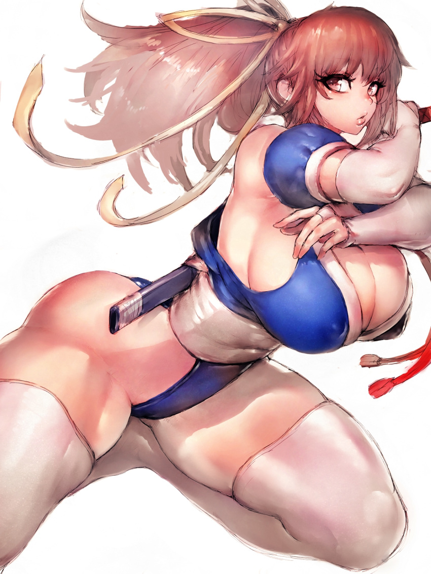 1girl ass blue_leotard breasts brown_eyes brown_hair cleavage curvy dead_or_alive elbow_gloves fumio_(rsqkr) gloves highres holding holding_sword holding_weapon japanese_clothes kasumi_(doa) large_breasts leotard lips long_hair ninja ponytail puffy_sleeves running sash sheath sleeves sword thick_lips thick_thighs thighhighs thighs weapon white_background white_gloves white_legwear