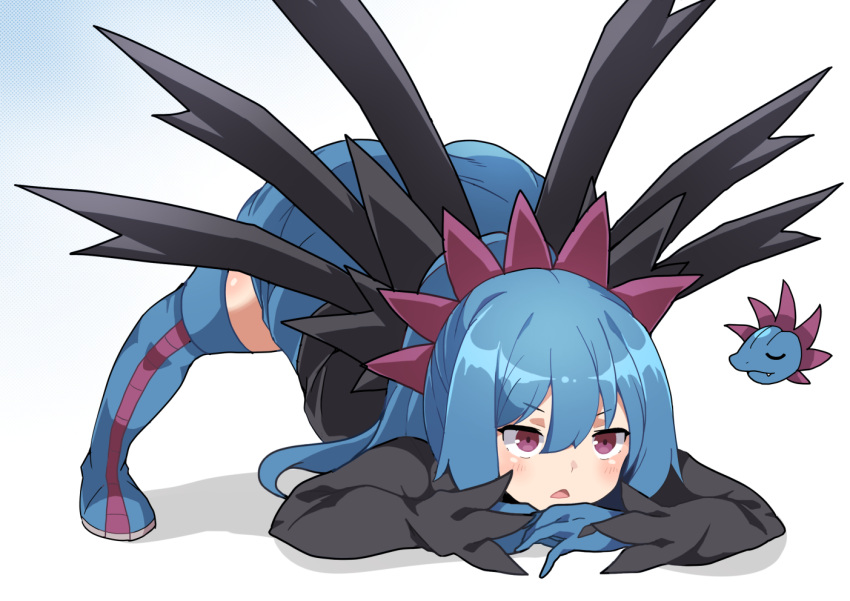 1girl bangs blue_footwear blue_gloves blue_hair blue_skirt blush boots chibi chibi_inset commentary_request gen_5_pokemon gloves hair_between_eyes hair_ornament hydreigon jack-o'_challenge long_hair maks_(makusu_210) open_mouth personification pokemon purple_eyes shiny shiny_hair skirt thigh_boots thighhighs tongue